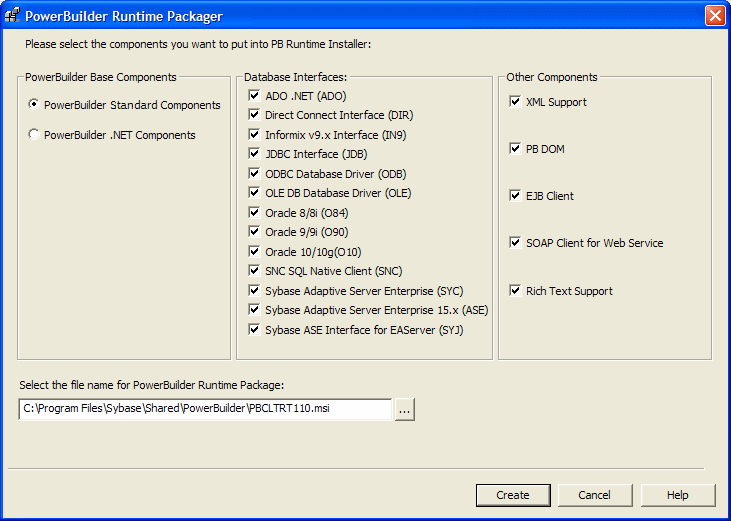 The top of the sample PowerBuilder Runtime Packager dialog box shows the prompt: Please select the components you want to put into P B Runtime Installer. Under the prompt are three areas. The leftmost displays the text PowerBuilder Base Components. The middle area, labeled database interfaces, lists eleven selected check boxes for database interfaces such as d i r and informix i n 9. The rightmost area, labeled other components, shows selected check boxes for x m l support, p b dom, e j b client, and soap client for Web Service. At the bottom is the prompt: Select the file name for Power Builder run time package and a scrollable text display showing the path to the file p b c l t r t 9 0 dot msi.