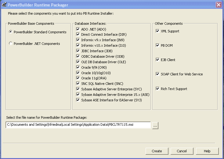 The top of the sample PowerBuilder Runtime Packager dialog box shows the prompt: Please select the components you want to put into P B Runtime Installer. Under the prompt are three areas. The leftmost displays the text PowerBuilder Base Components. The middle area, labeled database interfaces, lists eleven selected check boxes for database interfaces such as d i r and informix i n 9. The rightmost area, labeled other components, shows selected check boxes for x m l support, p b dom, e j b client, and soap client for Web Service. At the bottom is the prompt: Select the file name for Power Builder run time package and a scrollable text display showing the path to the file p b c l t r t 9 0 dot msi.