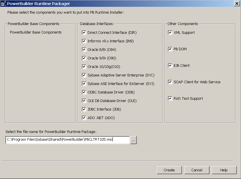 The top of the sample PowerBuilder Runtime Packager dialog box shows the prompt: Please select the components you want to put into P B Runtime Installer. Under the prompt are three areas. The leftmost displays the text PowerBuilder Base Components. The middle area, labeled database interfaces, lists eleven selected check boxes for database interfaces such as d i r and informix i n 9. The rightmost area, labeled other components, shows selected check boxes for x m l support, p b dom, e j b client, and soap client for Web Service. At the bottom is the prompt: Select the file name for Power Builder run time package and a scrollable text display showing the path to the file p b c l t r t 9 0 dot msi.