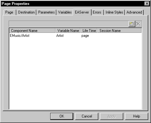 Shown is the E A Server tab page of the Page Properties dialog box. It has columns for Component Name, Variable Name, Life Time, and Session Name and a sample entry called E Music / Artist with Variable Name Artist and a Life Time of page.