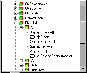 Shown is part of a System Tree display of components on an EAServer server. Under E Music J, the expanded Artist component shows many methods without arguments such as get Info ( ) and one method called set Session Context, with the argument Context.