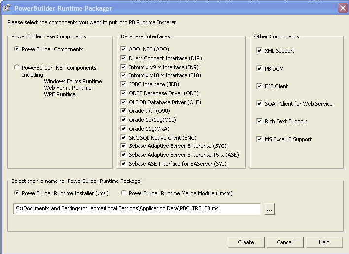 The top of the sample PowerBuilder Runtime Packager dialog box shows the prompt: Please select the components you want to put into P B Runtime Installer. Under the prompt are three areas. The leftmost displays the text PowerBuilder Base Components. The middle area, labeled database interfaces, lists eleven selected check boxes for database interfaces such as d i r and informix i n 9. The rightmost area, labeled other components, shows selected check boxes for x m l support, p b dom, e j b client, and soap client for Web Service. At the bottom is the prompt: Select the file name for Power Builder run time package and a scrollable text display showing the path to the file p b c l t r t 9 0 dot msi.