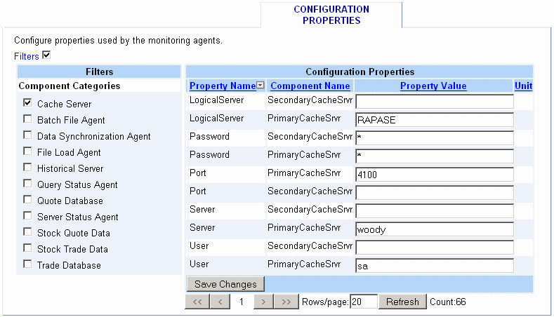 Administration Configuration Properties Filters panel