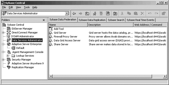 This is the Sybase Central interface that has the Data Services Administrator plug-in. Data Services Administrator plug-in includes plug-ins for each Data Integration Suite component.