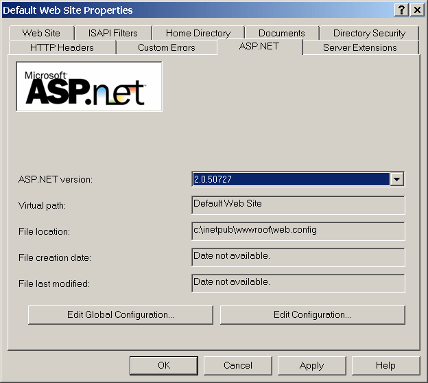 The picture shows how to change the ASP.NET version for all new Web site applications that you deploy to IIS 