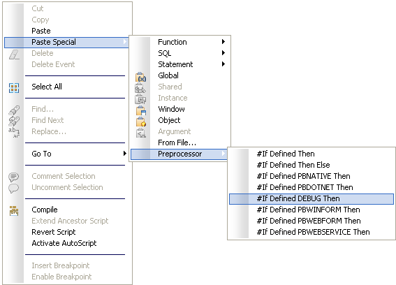 The Paste Special cascading menu displays the Preprocessor menu item that opens a cascading submenu. The submenu includes the #If Defined DEBUG Then statement.