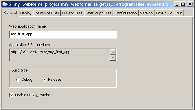 The General tab page of the Project painter includes fields for the Web Application Name, the Initial Current Directory in the Virtual File System, Command Line Parameters, and check boxes for rendering the File Manager and Mail Profile Manager and enabling the Debug symbol. You can also select whether to deploy the application as a debug build or a release build.