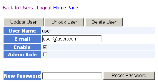 The page for editing and deleting user accounts has buttons to update the user information, unlock the user, or delete the user.  You can change the user role, the user’s listed e-mail address, and enter a new password for the user.