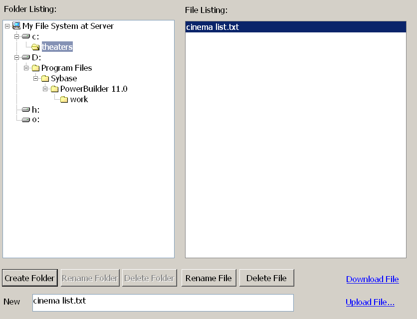 The File Manager shows a text file that you uploaded to its location in the c:\theaters directory under the virtual file system root.