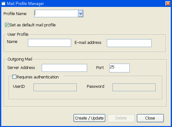 The Mail Profile Manager for Web Forms application lets you select a profile name, set the profile as a default profile, and enter user information for the mail profile.