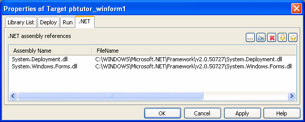 This dot NET tab of the target properties dialog box displays two assembly references for the target.