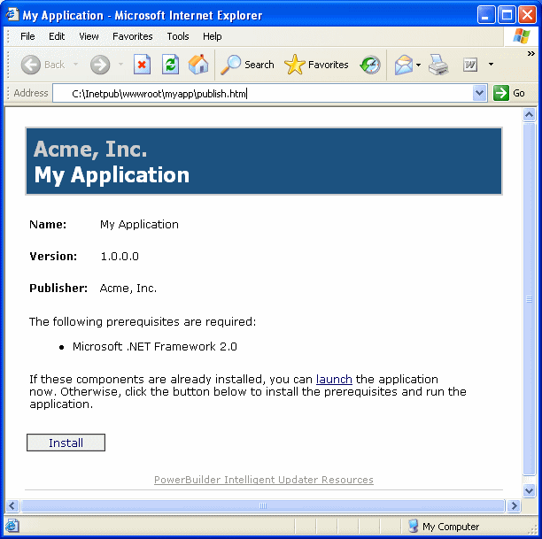 The publish page displays the name, version, and publisher of the application, and, if you specified them, prerequisites.