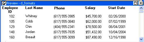 The sample Data Window shows phone numbers formatted, for example, as ( 6 1 7 ) 5 5 5 - 3 9 8 5. It shows salaries formatted, for example, as $ 4 5 , 7 0 0 point 0 0. It shows start dates formatted, for example, as 0 2 / 2 6 / 1 9 8 6.  