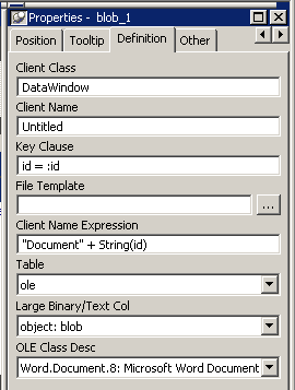 The sample shows a completed definition page. The fields displayed are Client Class with the entry Data Window, Client Name of Untitled, Key Clause with the value i d = : id, File Template, which is blank, Client Name Expression with the entry " Document " + String ( i d ), Table with the entry D B A dot o l e, Large Binary / Text Col with the entry object : blob, and OLE Class D e s c with the entry Word dot Document dot 8 : Microsoft Word Document.