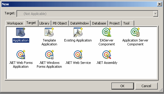 The Target tab page of the New dialog box options are Application, Template Application, Existing Application, E A Server Component, Application Server Component, J S P Target, Source Controlled J S P Target, dot Net Web Forms Application,  dot Net Windows Forms Application, dot Net Web Service, and dot Net Assembly.