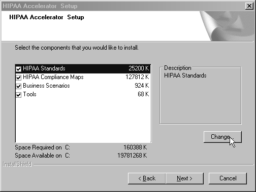 Window shows choices for HIPAA standards, HIPAA compliance maps, business scenarios and tools
