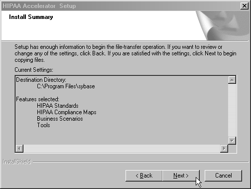 Window shows install summary screen, such as path and selected features 
