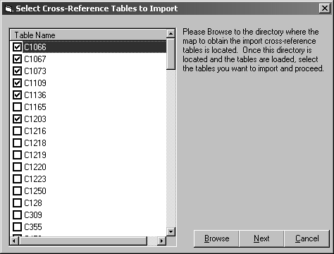 window shows list of cross reference tables you can select to import