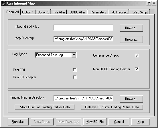 Run Inbound Map window displays all available tabs: required, option 1, option 2, file alias, ODBC alias, parameters, input output redirect and web script. Required tab is active with description of options in the following steps.