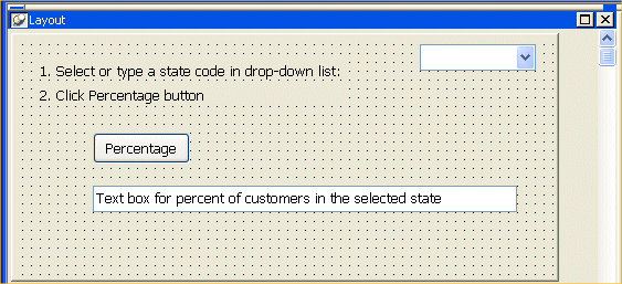 Shown is a grid of dots in Layout view. At top left is the text for the two static text boxes you entered earlier in the  lesson, and at top right is the drop down list box. At center left is a rectangle labeled Percentage. Across the bottom is a rectangle with the text: Text box for percent of customers in the selected state.