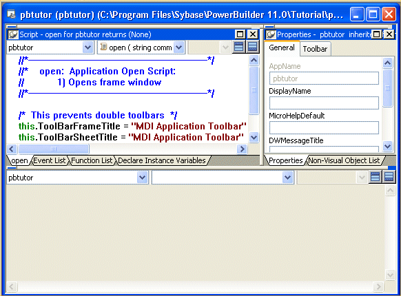 Shown is a screen with a Script view across the bottom. It has no tabbed panes. It lists the Application object p b tutor in a drop-down list box at left and shows two blank drop-down lists to the right.