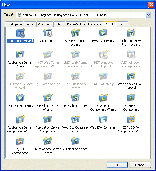 Shown is the Target page of the New dialog box. It has icons for Application, Template Application, Existing Application, E A Server Component, COM / com plus component, Automation Server, Web Site, J S P Target, and Source Controlled Web Target.
