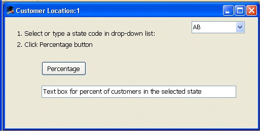 Shown is the Customer Location window. At top is the text " 1 Select or type a state in drop down list box " and a drop down set to  A B. Below this is the text "2 Click Percentage button " , then the Percentage button, and then a text box with the entry " Text box for percent of customers in the selected state". 