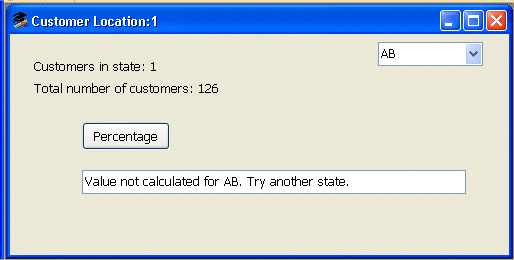 Shown is the Customer Location window. At top is the text " Customers in state : 1 " and a drop down set to  A B. Next is the text " total number of customers : 126 " , then the Percentage button, then a text box with the entry "Value not calculated for A B. Try another state. "
