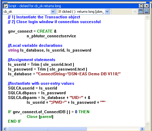 Shown is the Clicked event script for c b _ o k with the lines of code added in the previous two steps in the text.
