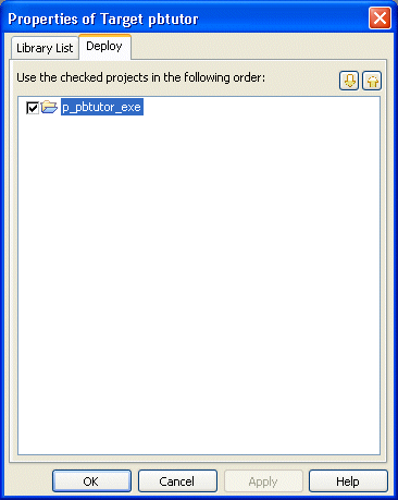 Shown is the Project object in the Project painter work space. The object name p b tutor dot e x e is displayed at top in a text box for Executable File Name. Next is a blank text box for Resource File Name, a group box of Project Build Options with an unselected check box for Prompt for Overwrite, a checked check box for New Visual Controls Style, and a Rebuild drop down list box set to Incremental. Next is a group box of Code Generation Options including an unchecked check box for Machine Code and an optimization drop down set to Speed. Next is a group box for Version information, including Company and Product Name, Description, and Copyright. At bottom is a list of Libraries with cleared P B D check boxes and blank text boxes for Resource File Name.