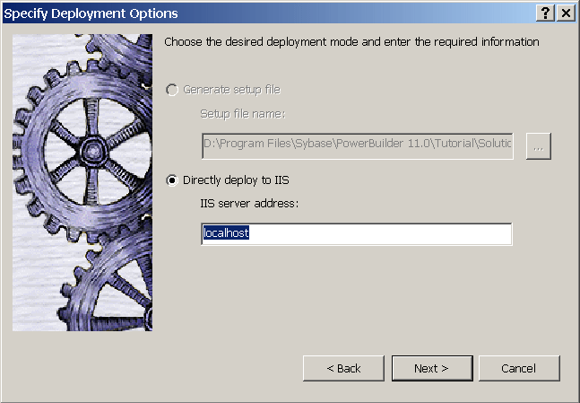 The Specify Deployment Options page of the wizard shows the selection to directly deploy to I I S.
