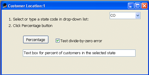 Shown is the Customer Location window. At top is the text " 1 Select or type a state in drop down list box " and a drop down set to  C O. Below this is the text " 2 Click Percentage button " , then the Percentage button amd a selected check box next to it labeled "Text divide by zero error". At bottom is a text box with the entry " Text box for percent of customers in the selected state". 