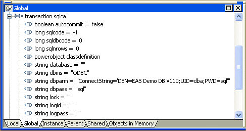 Shown is the Transaction object expanded on the Global tab. The three lines that instantiate the Transaction object are string d b m s equals " O D B C ", string d b parm equals " Connect String = ’ D S N = E A S Demo D B V 10 ;  U I D = d b a ;  P W D = sql ’ ", and string d b pass equals " s q l ".