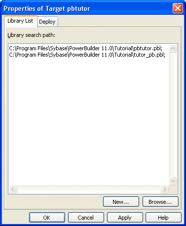 Shown is the library list tab page of the Target Properties dialog box. There two entries in the Library Search Path display area on the page,  P b tutor dot pibble and tutor _ p b dot pibble