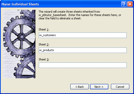 Shown is the Name Individual Sheets page with three text boxes showing w _ customers for Sheet 1, w _ products for Sheet 2, and a blank for Sheet 3.