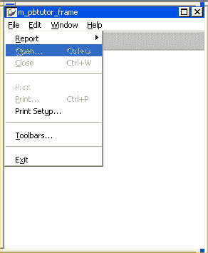 Shown is the drop down menu for the File option. Clearly visible are the options Report, Print Setup, Toolbars, and Exit. The Open menu item is broken and grayed. The Close and Print options are grayed and inverted but legible. 