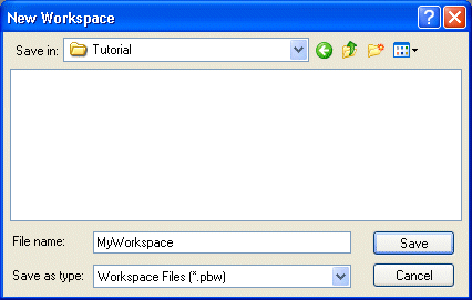 Shown is the New Workspace dialog box. At top is a drop down labeled Save In with the entry Tutorial displayed. At bottom is a text box for File name with My Workspace displayed, and then a Save as type drop down with the entry Workspace Files ( * dot p b w ).