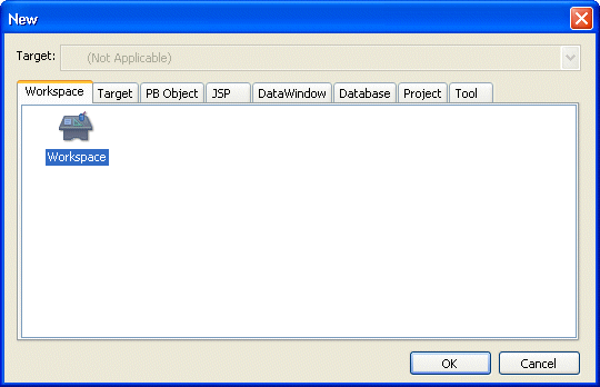 Shown is the Workspace tab page of the New dialog box, which has additional tabs for Target, PB Object, Web, DataWindow, Database, Project, and Tool.