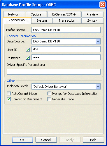 Shown is the Connection page of the Database Profile Setup dialog box. At top is a box for Profile Name with E A S Demo D B v 10 displayed. Next is a Connection Information group box with a drop down for Data Source  showing E A S Demo D B v 10, a selected User I D check box with the entry d b a, a selected Password check box with an entry shown as asterisks, and a blank text box for Driver Specific Parameters. Last is a group box for Other with an Isolation Level drop down set to the Default Driver Behavior, check boxes for Auto Commit Mode, Prompt for Database Information, Commit on Disconnect, and Generate Trace.