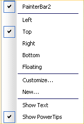 Shown is the tool bar pop up menu. It has a group of options for Power Bar 1 and Painter Bars 1 and 2, then Left, Top, Right, Bottom, and Floating, then Customize and New, and finally Show Text and Show Power Tips. 
