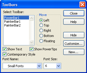 Shown is the Tool bars dialog box with a drop down at left labeled Select Toolbar. Power Bar 1 is selected. To the right is a series of radio buttons labeled Move. The Left radio button is selected, indicating that the currently selected toolbar is at the left of the work space.