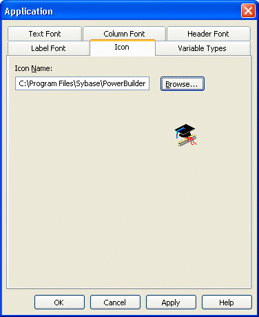Shown is the Icon page of the Application property sheet. It displays a text box for Icon Name with the entry PowerBuilder 10 dot 0 backslash Tutorial backslash  Tutorial dot i c o and next to it is Browse button. Displayed is an icon of a graduation cap and diploma.