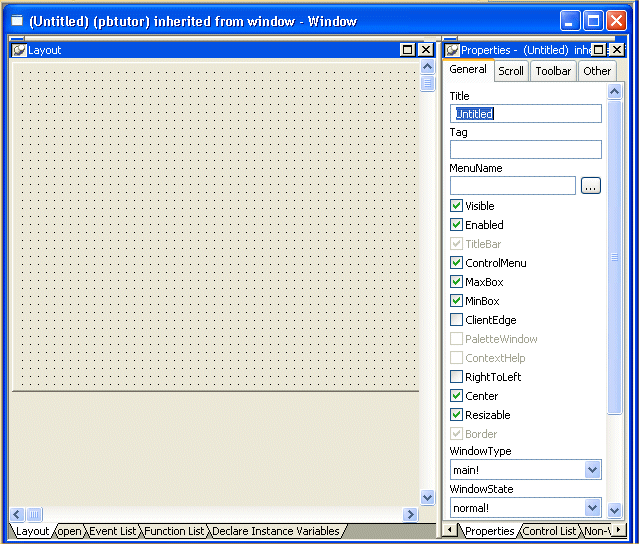 Shown at left is the layout view, a large gray rectangle with a grid of dots that represents the window you are building. At right is the General tab of the Properties view with text boxes for Title, Tag, and Menu Name, then a series of check boxes. Selected are the boxes labeled Visible, Enabled, Control Menu, Max Box, Min Box, Center, and Resizable. Cleared are the boxes labeled Client Edge and Right to Left. At bottom, a Window Type drop down shows the selection main 1.