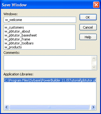 Shown at left is the layout view, a large gray rectangle with a grid of dots that represents the window you are building. At right is the General tab of the Properties view with text boxes for Title, Tag, and Menu Name, then a series of check boxes. Selected are the boxes labeled Visible, Enabled, Control Menu, Max Box, Min Box, Center, and Resizable. Cleared are the boxes labeled Client Edge and Right to Left. At bottom, a Window Type drop down shows the selection main 1.