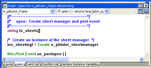 Shown is the script area for the w _ p b tutor _ frame open event. At the bottom of the area is the text: open ( w _ welcome )