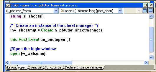 The Open function for the pbtutor_frame window displays in the Script view.