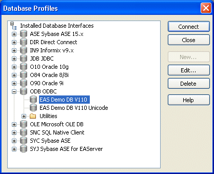 Shown is the tree view of the Database Profile painter with E A S Demo D B v 10 highlighted under the entry O D B O D B C
