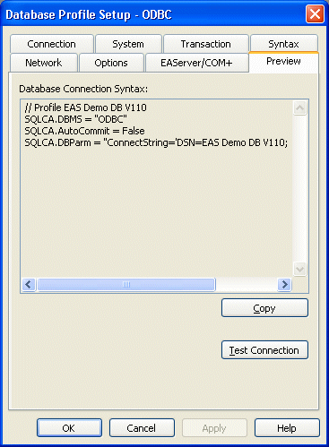 Shown is the Preview tab of the Database Profile Setup dialog box. It displays the Database Connection Syntax in a scrollable area. Below this are buttons for Copy and Test Connection.