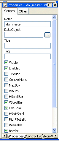 Shown is the General tab in the Properties view. The name text box at the top displays the entry d w _ master.