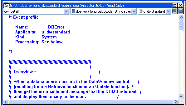 Shown is the script view for the DBError event with the script of the ancestor control u _ d w standard displayed.